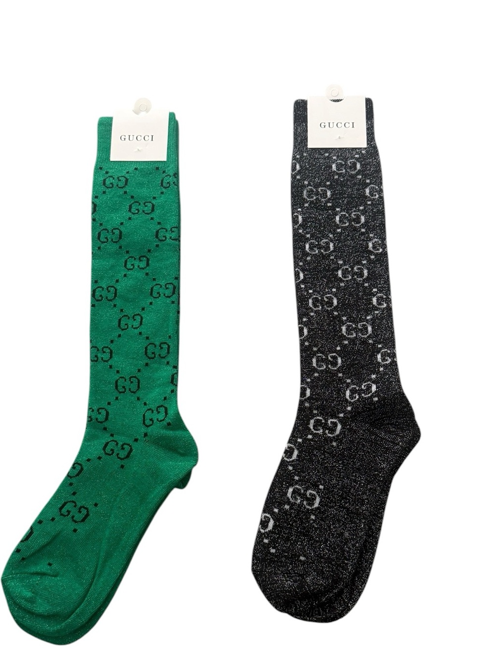 2 Pair Gucci Outlet GG Monogram Knee High Socks — Green & Black